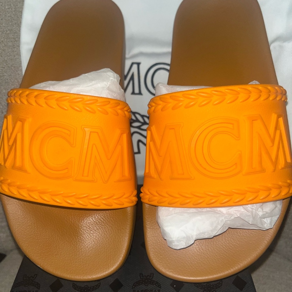 Mcm orange and tan slides